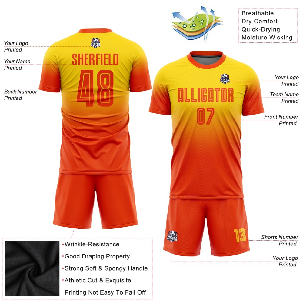Custom Gold Orange Sublimation Fade Fashion Soccer Uniform Jersey Custom Gold Orange Sublimation Fade Fashion Soccer Uniform Jersey