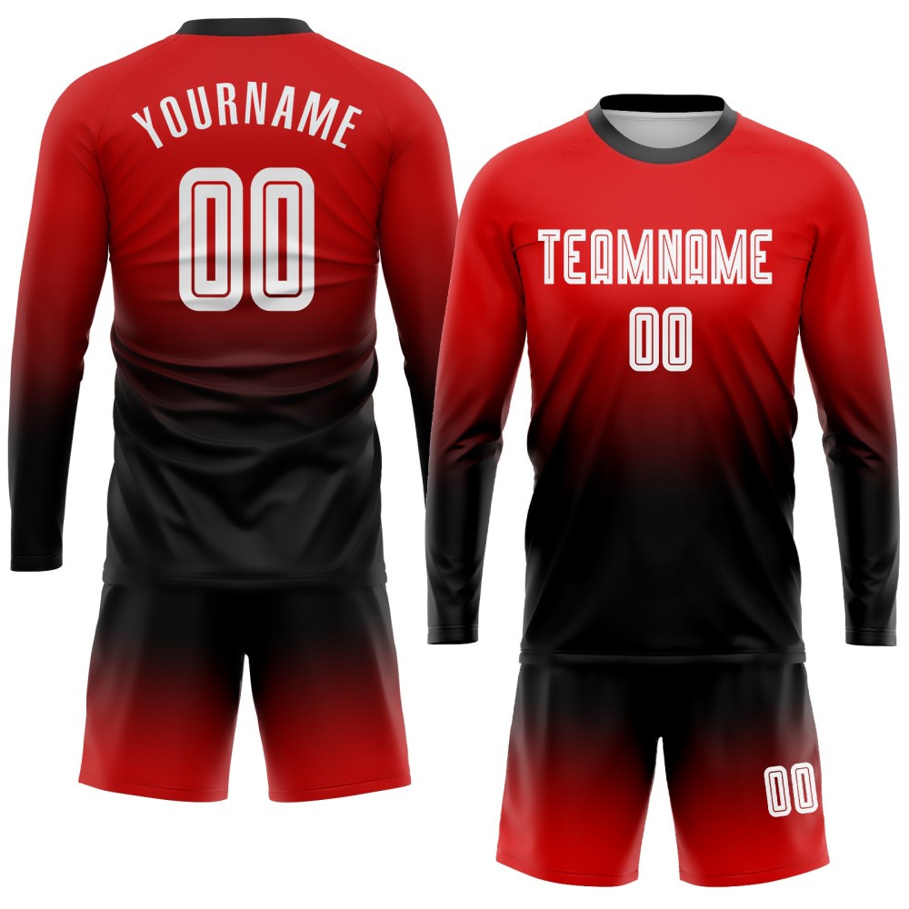 Custom Red White-Black Sublimation Long Sleeve Fade Fashion Soccer Uniform Jersey Custom Red White-Black Sublimation Long Sleeve Fade Fashion Soccer Uniform Jersey