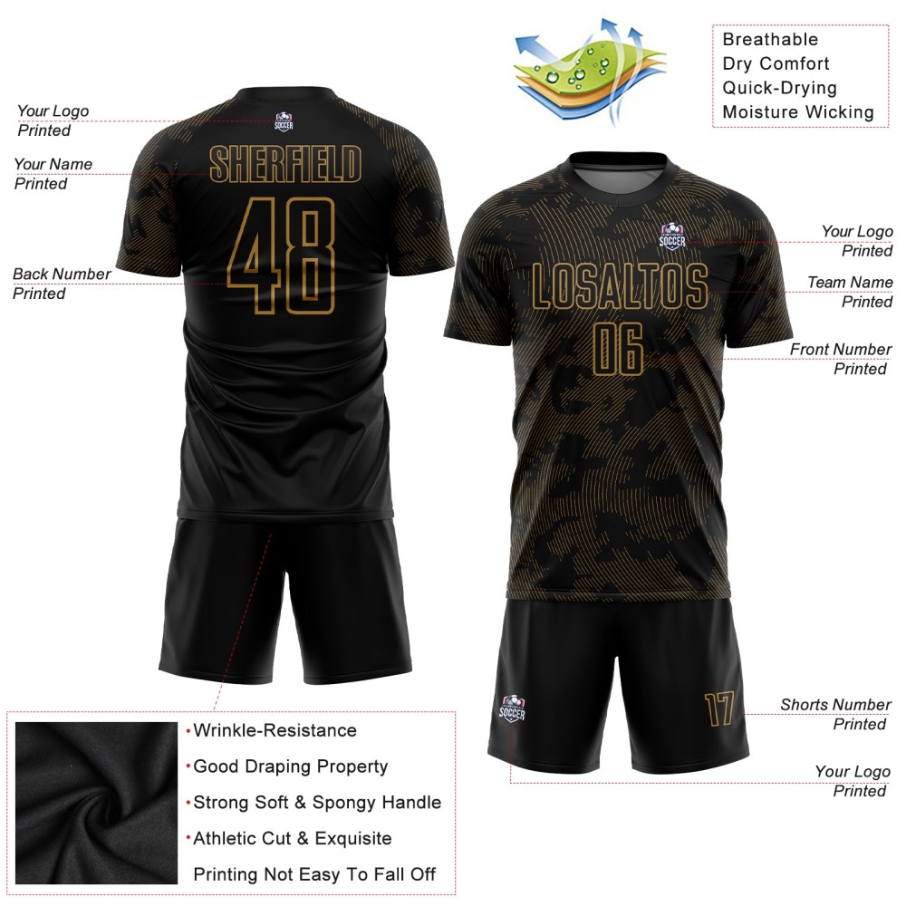 Custom Black Old Gold Sublimation Soccer Uniform Jersey Custom Black Old Gold Sublimation Soccer Uniform Jersey