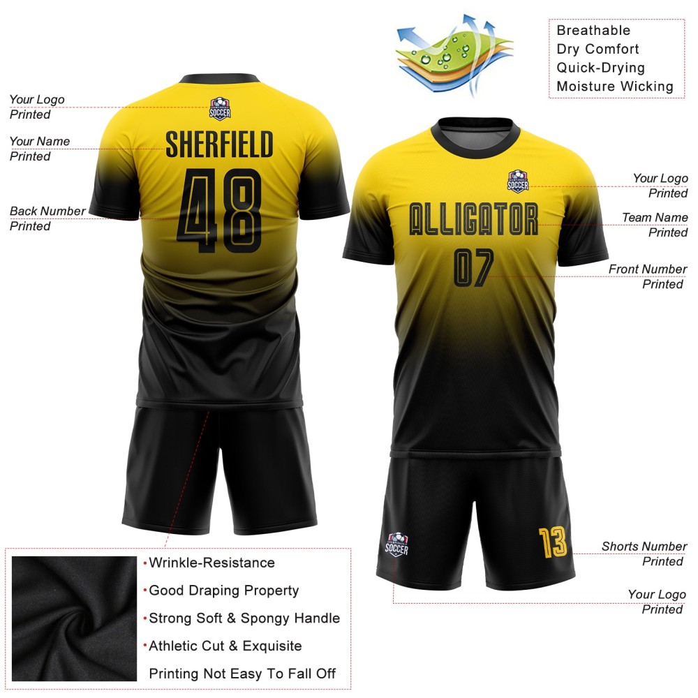 Custom Gold Black Sublimation Fade Fashion Soccer Uniform Jersey Custom Gold Black Sublimation Fade Fashion Soccer Uniform Jersey