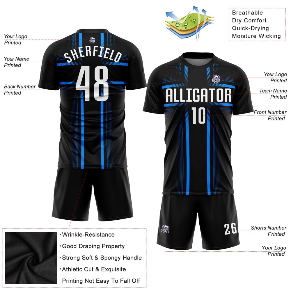 Custom Black White-Light Blue Sublimation Soccer Uniform Jersey Custom Black White-Light Blue Sublimation Soccer Uniform Jersey