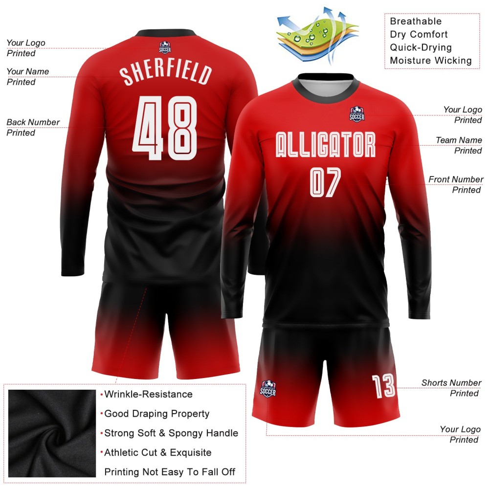 Custom Red White-Black Sublimation Long Sleeve Fade Fashion Soccer Uniform Jersey Custom Red White-Black Sublimation Long Sleeve Fade Fashion Soccer Uniform Jersey
