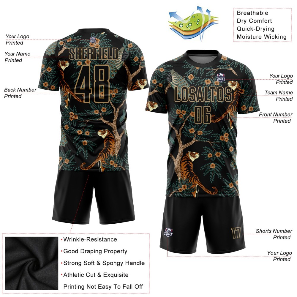 Custom Black Old Gold Tiger And Peacock Sublimation Soccer Uniform Jersey Custom Black Old Gold Tiger And Peacock Sublimation Soccer Uniform Jersey