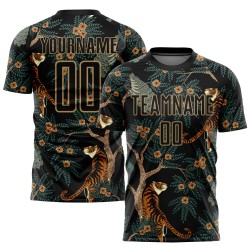 Custom Black Old Gold Tiger And Peacock Sublimation Soccer Uniform Jersey Custom Black Old Gold Tiger And Peacock Sublimation Soccer Uniform Jersey